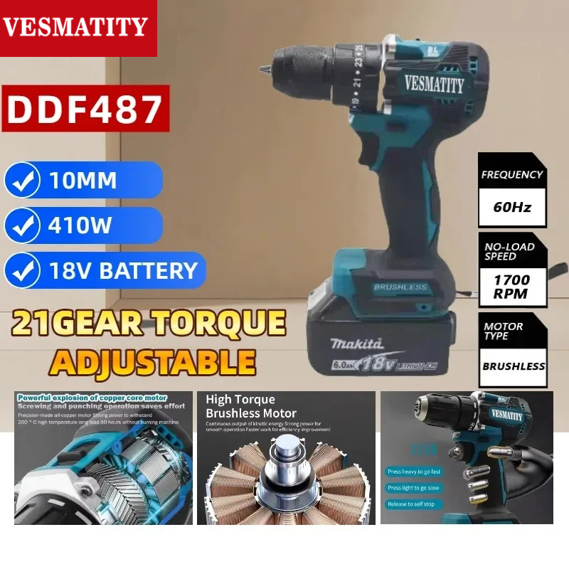 DDF487 10mm Brushless Cordless - Makita Drill Ddf484 评论和价格